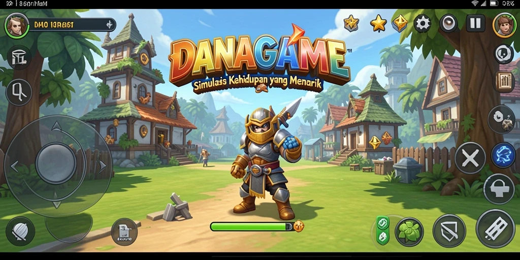 Tangkapan layar utama DANAGAME memperlihatkan interaksi karakter dalam simulasi kehidupan.